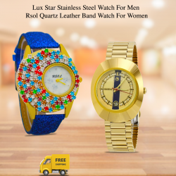 Buy 2 In 1 Bundle Offer, Lux Star Stainless Steel Watch For Men, Rsol Quartz Leather Band Watch For Women, P986